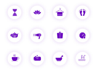 sauna purple color vector icons on light round buttons with purple shadow. sauna icon set for web, mobile apps, ui design and print