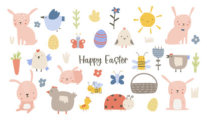 Easter set. Collection of cute animals, birds and insects, blooming flowers and floral decorations, isolated on white background. Bright colored vector illustration in flat cartoon style.