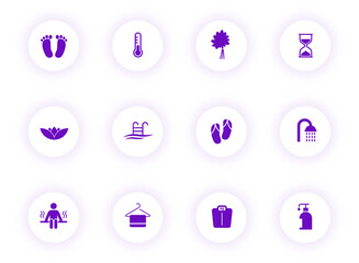 sauna purple color vector icons on light round buttons with purple shadow. sauna icon set for web, mobile apps, ui design and print