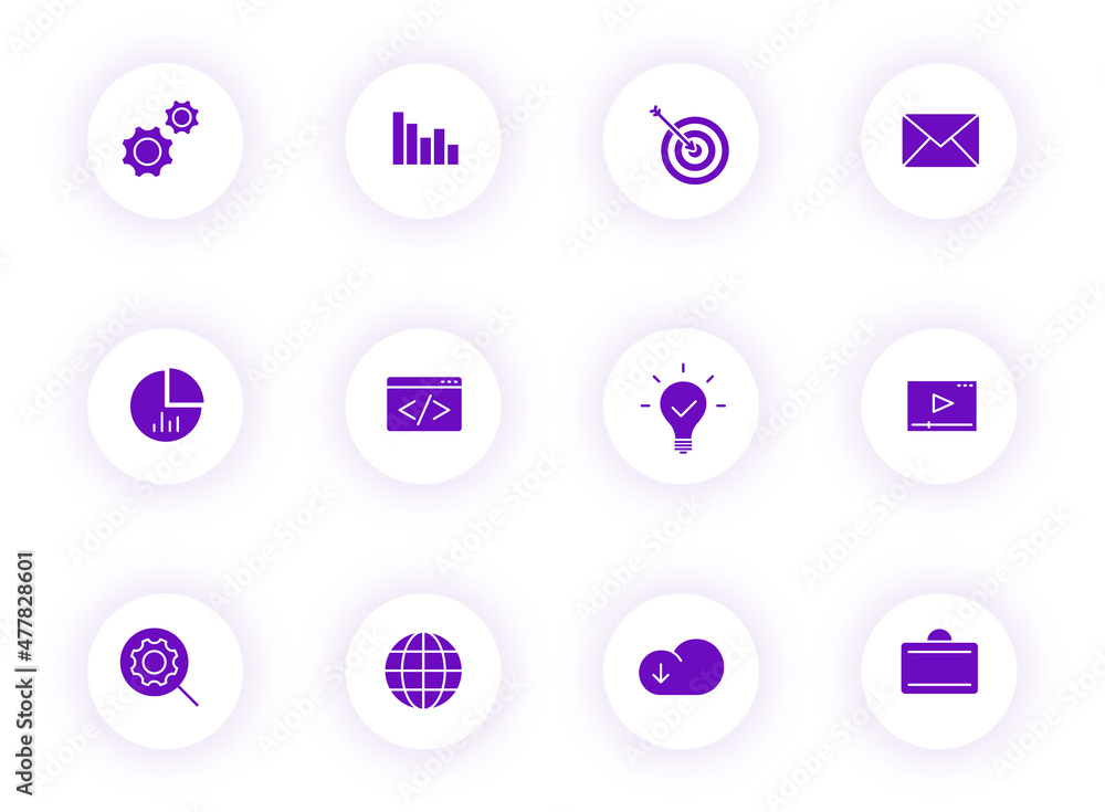 Aufkleber seo purple color vector icons on light round buttons with purple shadow. seo icon set for web, mobil