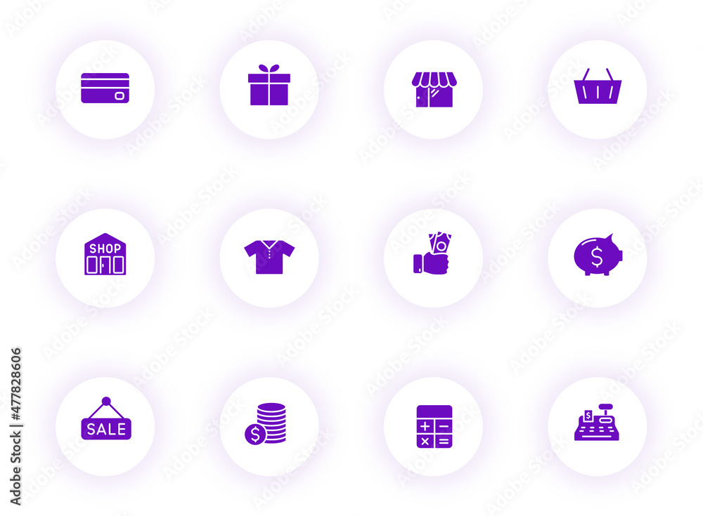 Poster shopping purple color vector icons on light round buttons with purple shadow. shopping icon set for 