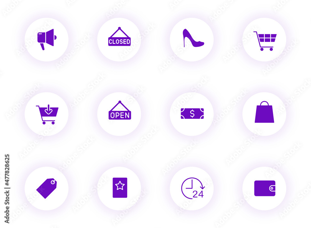 Poster shopping purple color vector icons on light round buttons with purple shadow. shopping icon set for 