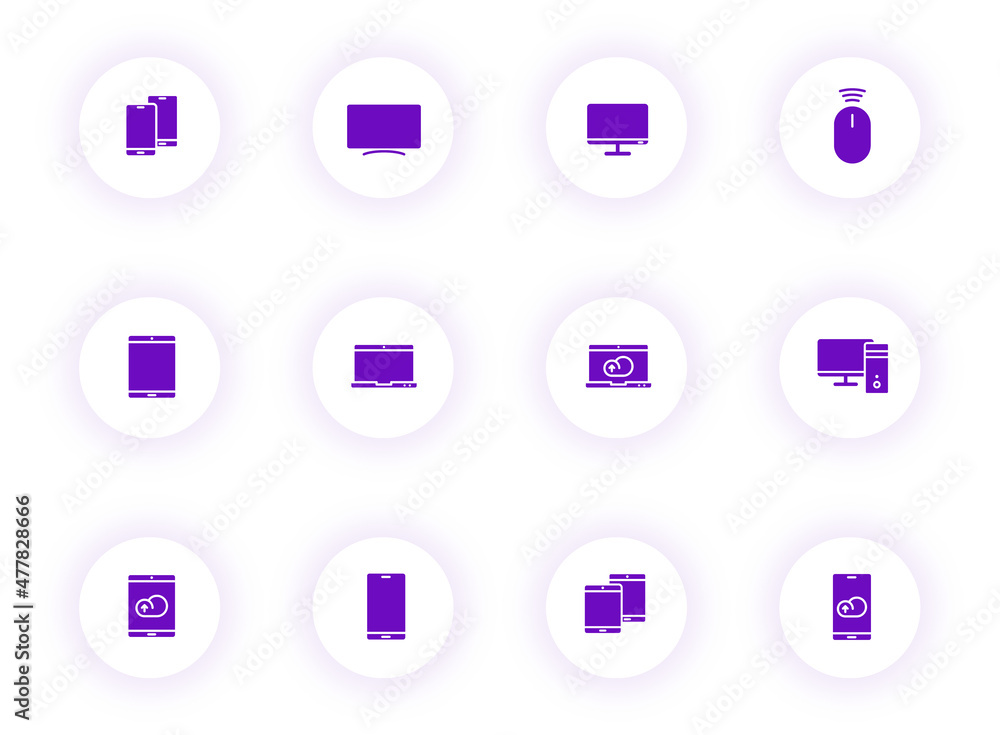 Poster smart devices purple color vector icons on light round buttons with purple shadow. smart devices ico
