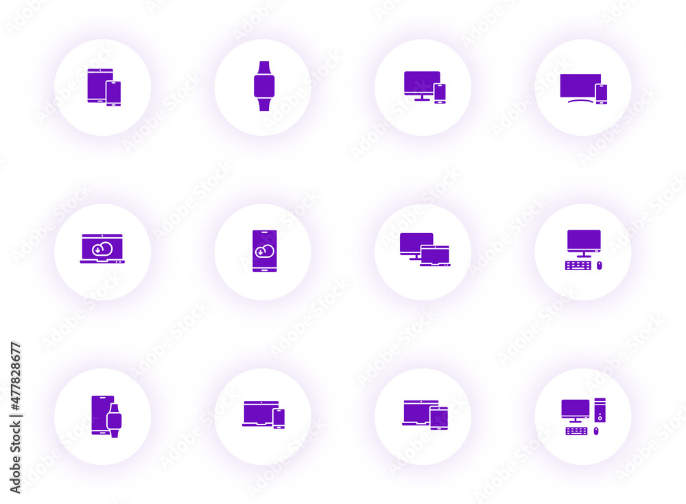 Poster smart devices purple color vector icons on light round buttons with purple shadow. smart devices ico