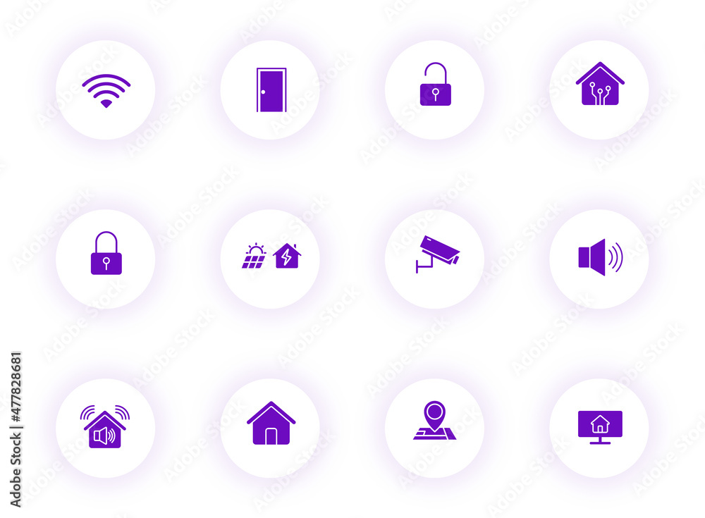 Poster smart home purple color vector icons on light round buttons with purple shadow. smart home icon set 