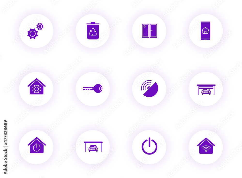 Poster smart home purple color vector icons on light round buttons with purple shadow. smart home icon set 