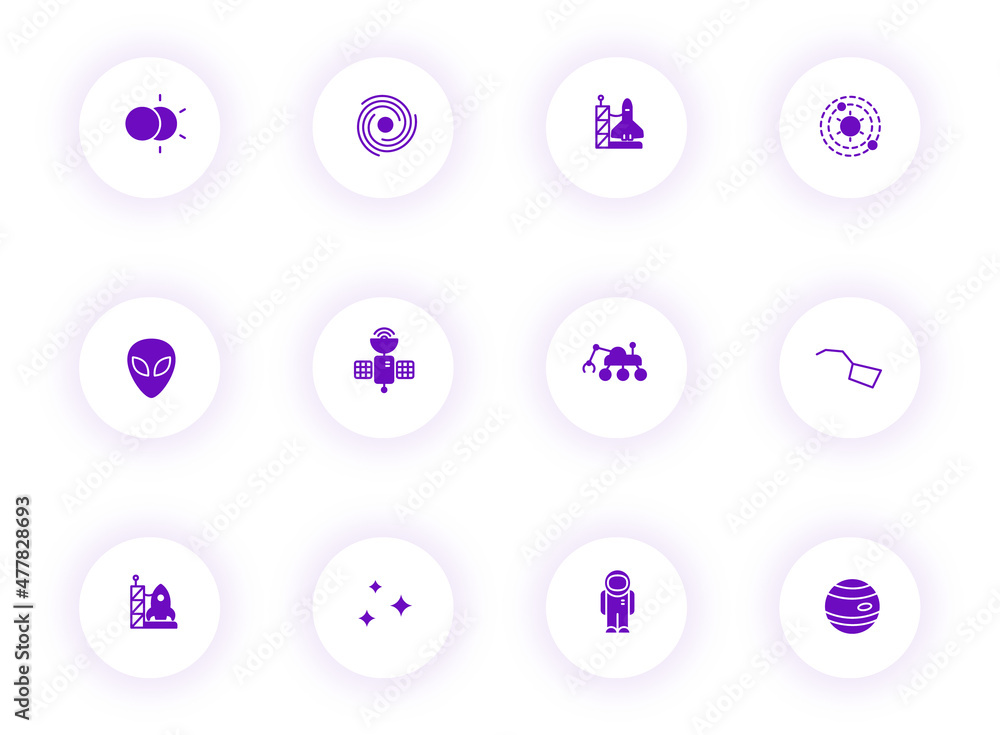 Poster space purple color vector icons on light round buttons with purple shadow. space icon set for web, m