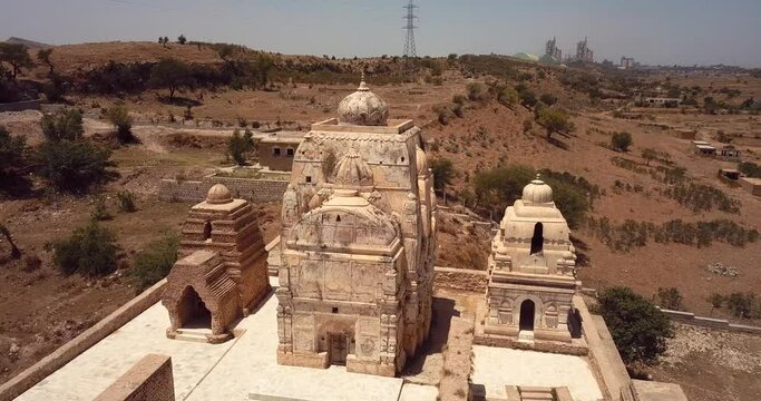 4K Aerial Footage View to the Shri Katas Raj complex of several Hindu temples, Punjab, Pakistan
