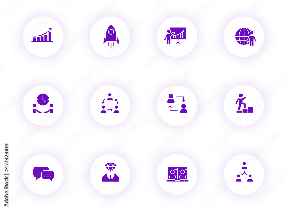 Aufkleber teamwork purple color vector icons on light round buttons with purple shadow. teamwork icon set for 