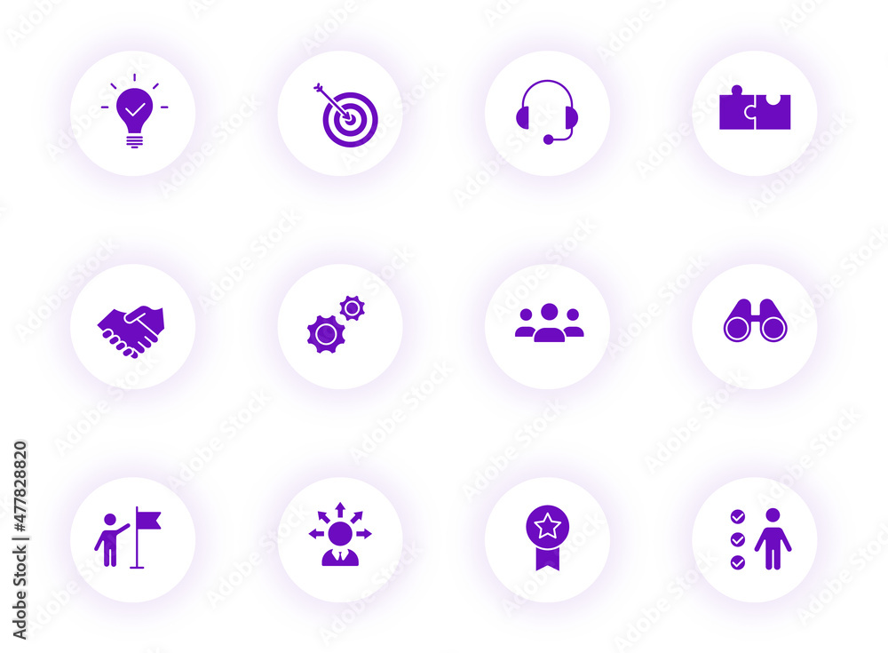 Poster teamwork purple color vector icons on light round buttons with purple shadow. teamwork icon set for 