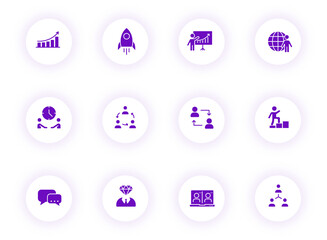 teamwork purple color vector icons on light round buttons with purple shadow. teamwork icon set for web, mobile apps, ui design and print