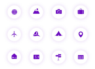 travel purple color vector icons on light round buttons with purple shadow. travel icon set for web, mobile apps, ui design and print