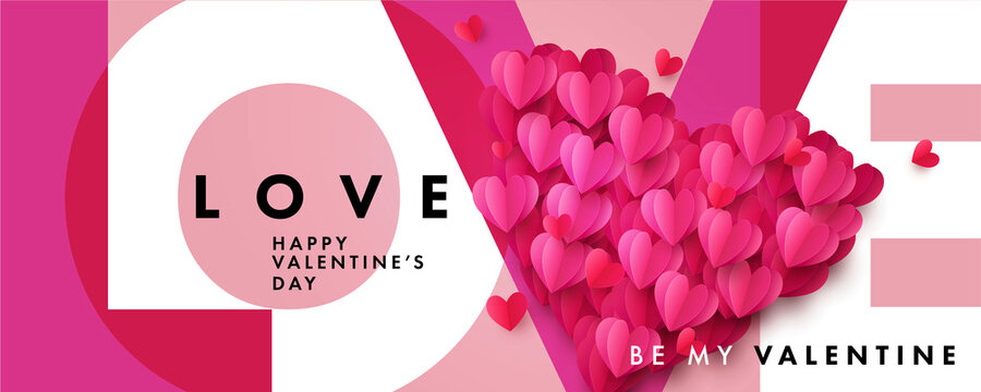 Creative concept of Happy Valentines Day poster. Modern Design template with typography logo of Love in modern overlay style and big pink red realistic 3d Origami Heart made of many beautiful hearts