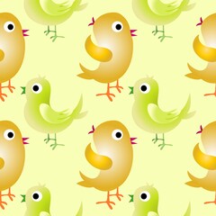 Seamless background with chickens...Cartoon illustration as texture with birds...Happy Easter.