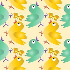 Seamless background with chickens...Cartoon illustration as texture with birds...Happy Easter.