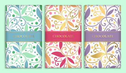 Fototapeta na wymiar Colorful set of chocolate bar packaging design in abstract style. Vector luxury template with ornament elements. Can be used for background and wallpaper. Great for food and drink package types.