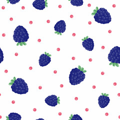 Seamless vector pattern with the image of blackberry berries and its leaves on a white background. Print for factories, textiles, mugs, packaging paper. Forest plants