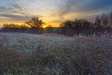 Obraz na płótnie Canvas Low winter sun creeps over a frosty landscape.