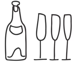 Fotobehang Champagne bottle and glasses dood drawing vector illustration hand drawn line sketch © Sasha Al