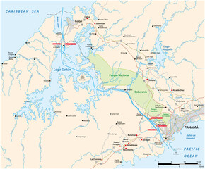 Vector map of the 82 kilometer long waterway Panama Canal, Panama
