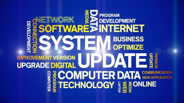 System Update animated tag word cloud;text design animation kinetic typography seamless loop.