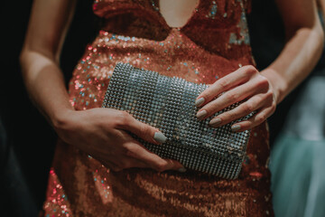 Female hands holding a small metal silver handbag. Female fashion, stylish details