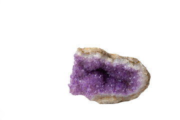 Purple amethyst crystals, isolate on a white background