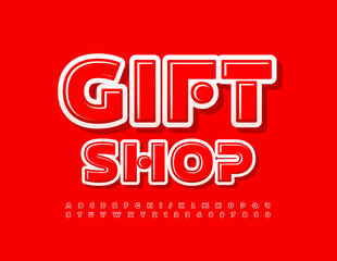 Vector bright logo Gift Shop with Red artistic Font. Unique abstract Alphabet Letters and Numbers set