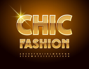 Vector elegant banner Chic Fashion. Textured Gold Font. Modern stylish Alphabet Letters and Numbers set