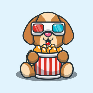 Cute dog eating popcorn and watch 3d movie. Cute cartoon animal illustration.