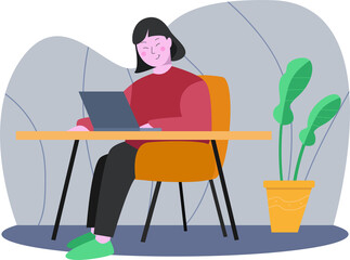  Home office, business  job with computer. Flat freelance worker in chair with  laptop. Illustration of freelance female character working at home.