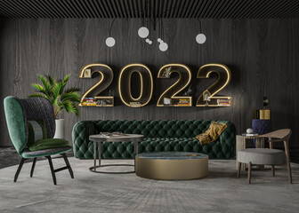 2022 living room concept with 2022 book shelf