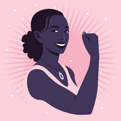 Portrait of a strong African woman showing her arm and muscles. A hand gesture. Women’s rights and diversity. Avatar for social media. Vector illustration in flat style. - obrazy, fototapety, plakaty