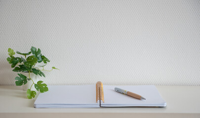 Cahier à spirale ouvert sur une page blanche sur un bureau blanc avec un stylo et une plante verte...