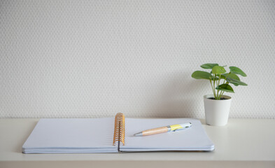 Cahier à spirale ouvert sur une page blanche sur un bureau blanc avec un stylo et une plante verte...