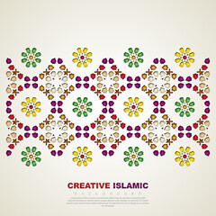 Islamic greeting card banner background with ornamental colorful detail of floral mosaic islamic art ornament