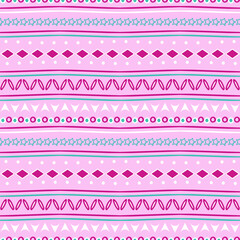 Seamless vector pattern with vertical ethnic texture on pink background. Simple Aztec wallpaper design. Decorative folk fashion textile.