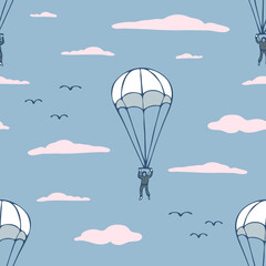 Seamless vector pattern with parachutist on blue background. Hand drawn extreme sport wallpaper design. Decorative skydiving lifestyle fashion textile.