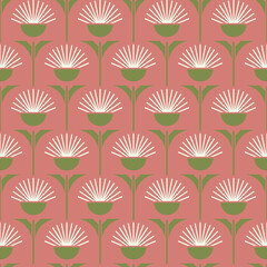 Seamless vector pattern with retro floral bloom on pink background. Simple dandelion flower wallpaper design. Decorative country house fashion textile.