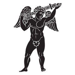 Ancient greek cupid with sword winged goddess illustration black