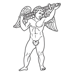 Ancient greek cupid with sword winged goddess illustration