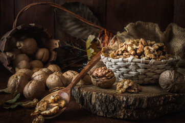 walnuts and kernels in a basket