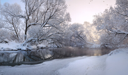 Winter landscape with trees and river