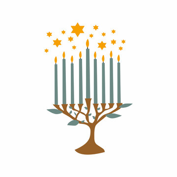 Happy Hanukkah illustration of menorah with candles. Icon in cartoon style.