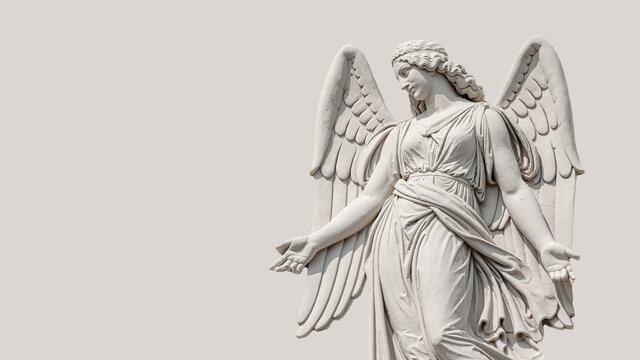 Banner with a beautiful angel as a bas relief wall sculpture, details, closeup, with copy space solid background. Concept of Religion and Religious Architecture.
