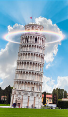 Pisa Cathedral Leaning Tower of Pisa with rounded rainbow - Pisa, Italy.