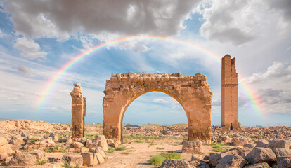 Ruins of the ancient city of Harran with amazing rainbow - Urfa , Turkey (Mesopotamia) - Old astronomy tower