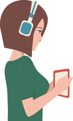 A young girl listens to music and podcasts in headphones.Vector, flat