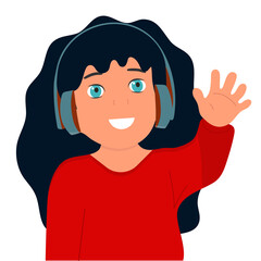 A young girl listens to music and podcasts in headphones.Vector, flat