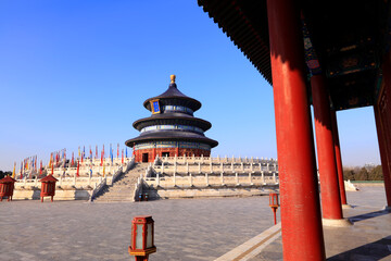 The temple of heaven in Beijing, China, The text is translated as "QiNianDian"